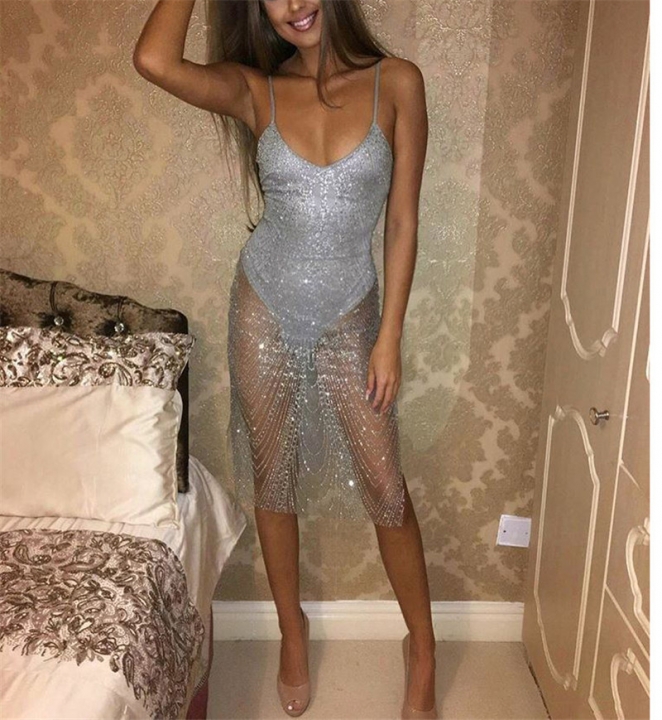 Western Style Ms Fashion V Collar Sling Perspective Sexy Flash Sequins Dress Nightclub Dress
