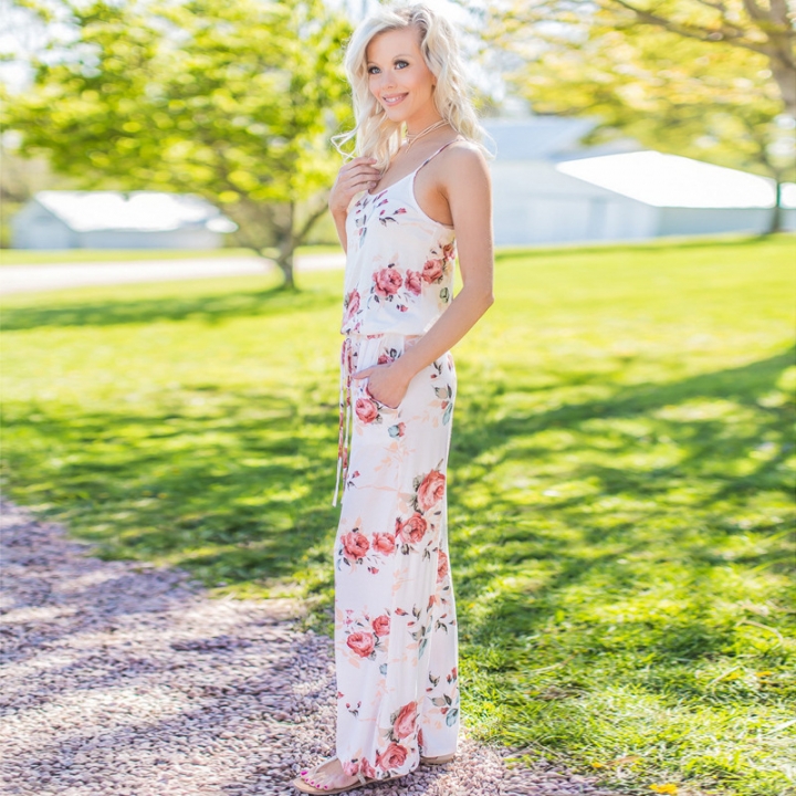 Western Style Ms Fashion Trend Sling Printing Loose Siamese Trousers