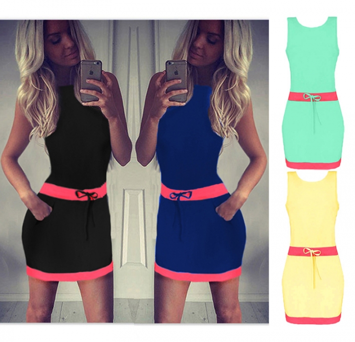 Western Style Ms Fashion Stitching Sleeveless Bowknot Mini Dress