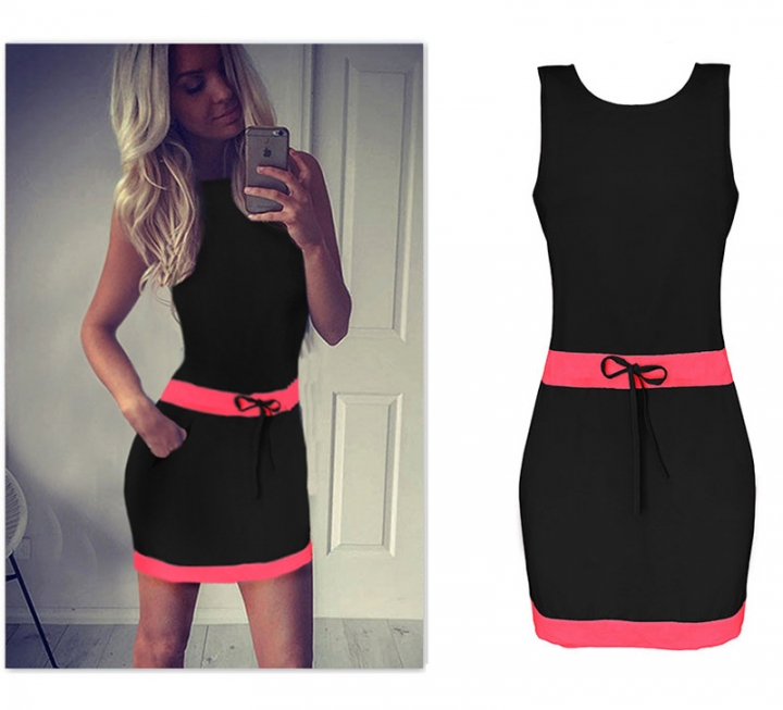 Western Style Ms Fashion Stitching Sleeveless Bowknot Mini Dress