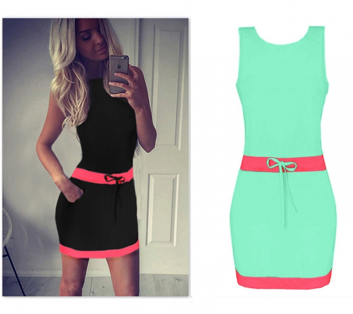 Western Style Ms Fashion Stitching Sleeveless Bowknot Mini Dress