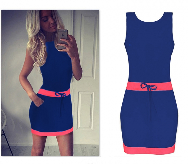 Western Style Ms Fashion Stitching Sleeveless Bowknot Mini Dress