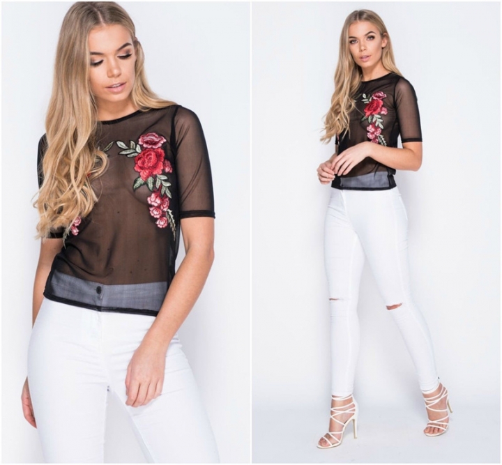 Western Style Ms Fashion Rose Net Yarn Embroidery Flowers T-shirt Coat