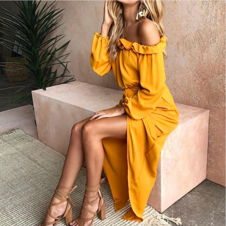 Western Style Ms Fashion Tube top Ruffle Front Fork Dress Temperament Dress