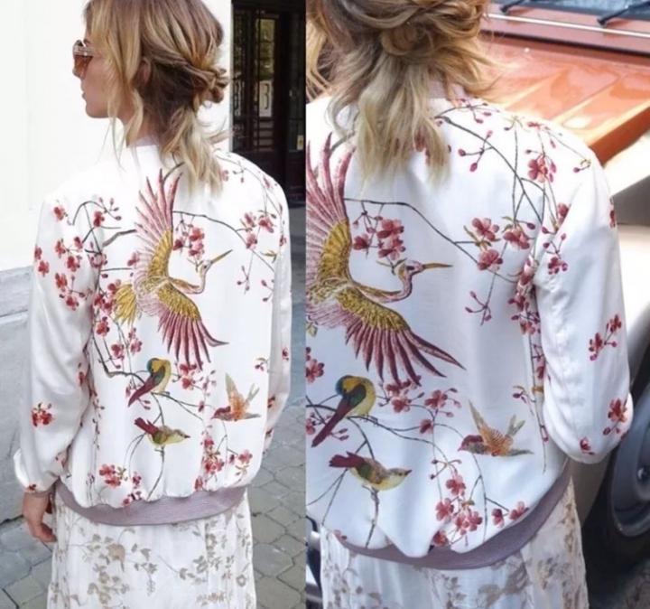 Western Style Ms Autumn And Winter Trend Crane Begonia bird Printing Coat Jacket Coat