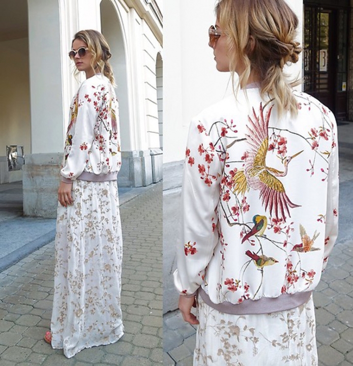 Western Style Ms Autumn And Winter Trend Crane Begonia bird Printing Coat Jacket Coat