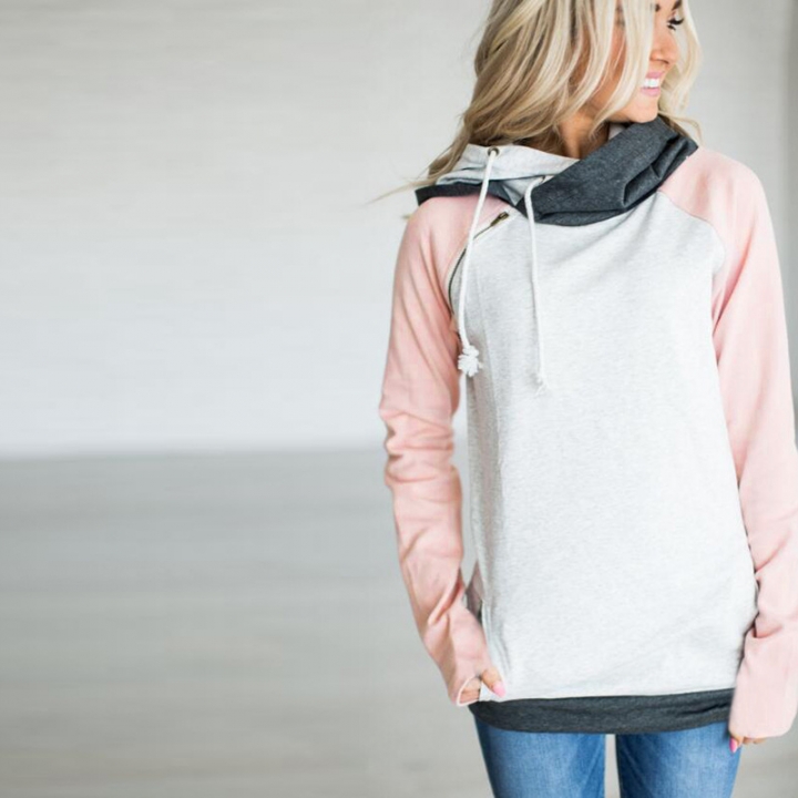 Western Style Ms Fashion Autumn And Winter Diagonal zipper Stitching jacket with hat Sweater coat