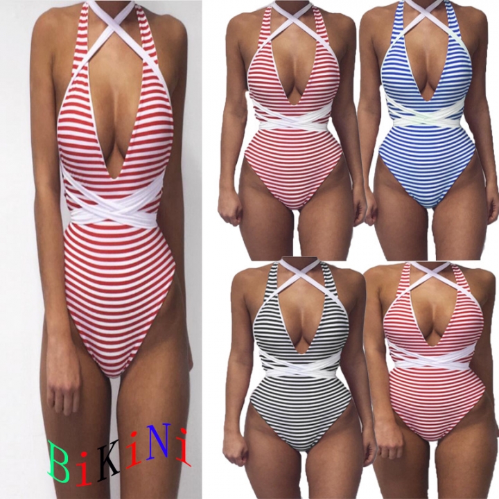 Western Style Ms Personality Bandage Stripe Siamese Sexy Swimsuit