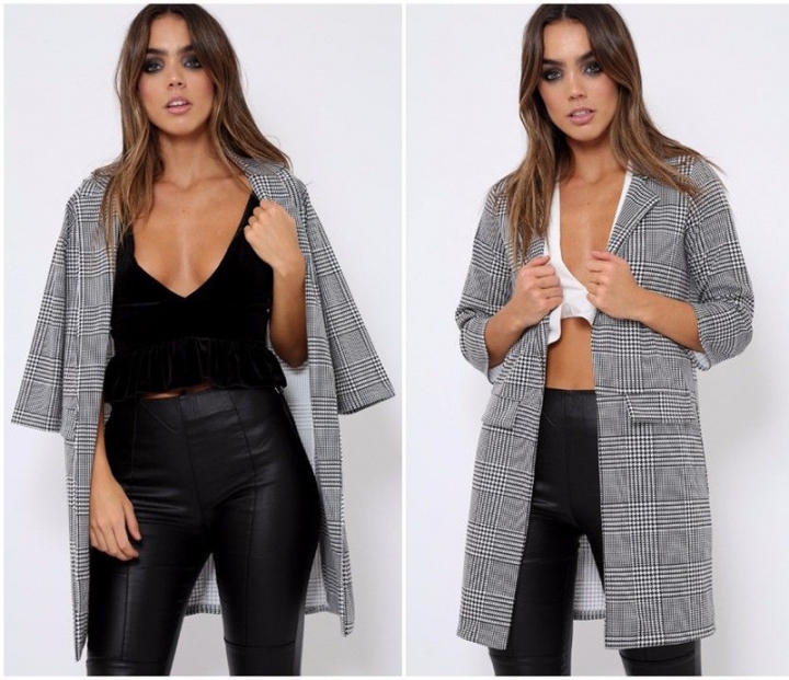 Western style Ms Fashion Autumn And Winter Houndstooth Printing Personality Cardigan Coat