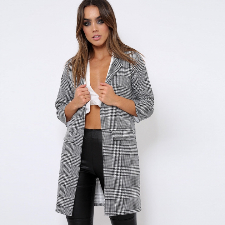 Western style Ms Fashion Autumn And Winter Houndstooth Printing Personality Cardigan Coat