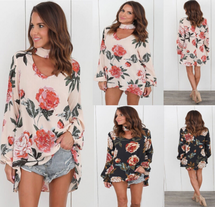Western Style Ms Fashion Flowers Printing Necklace Loose Long Sleeves T-shirt Coat