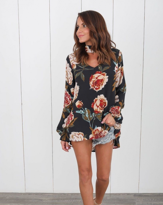 Western Style Ms Fashion Flowers Printing Necklace Loose Long Sleeves T-shirt Coat