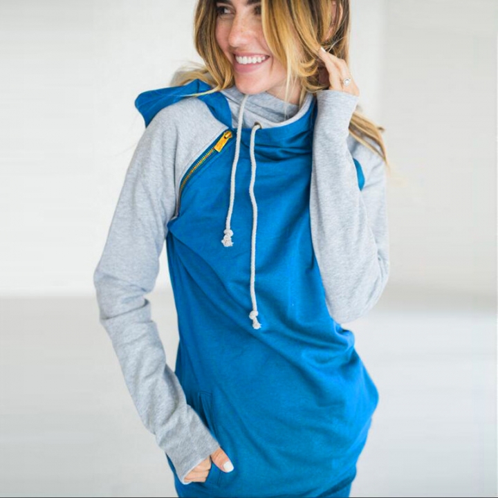 Western Style Ms Fashion Autumn And Winter Diagonal Zipper Stitching jacket With Hat Sweater Coat
