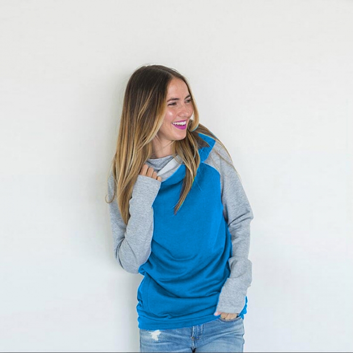 Western Style Ms Fashion Autumn And Winter Diagonal Zipper Stitching jacket With Hat Sweater Coat