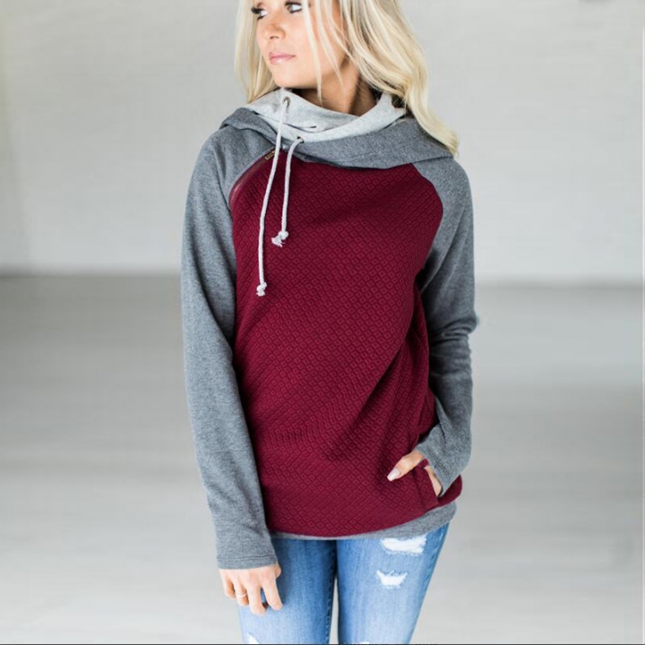 Western Style Ms Fashion Autumn And Winter Diagonal Zipper Stitching jacket with hat Sweater Coat