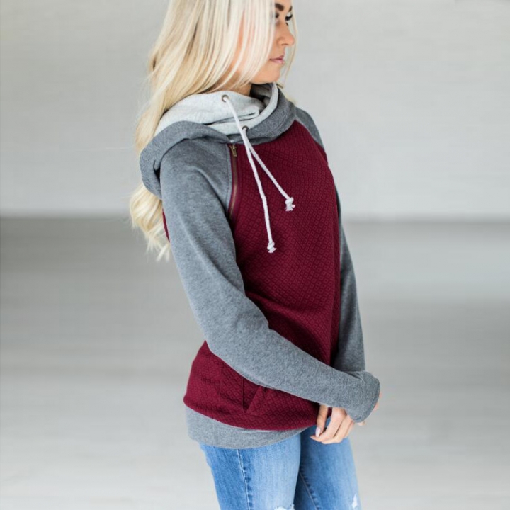 Western Style Ms Fashion Autumn And Winter Diagonal Zipper Stitching jacket with hat Sweater Coat