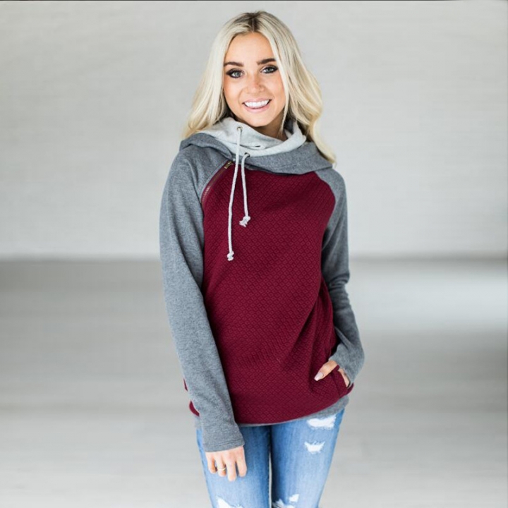 Western Style Ms Fashion Autumn And Winter Diagonal Zipper Stitching jacket with hat Sweater Coat