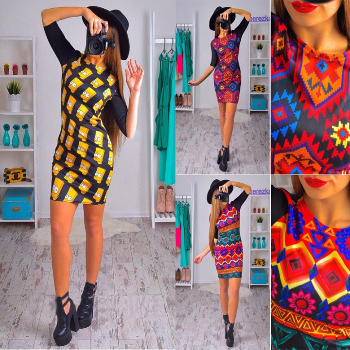 Western Style Ms Fashion Sexy Package hip Slim printing Trendy dress