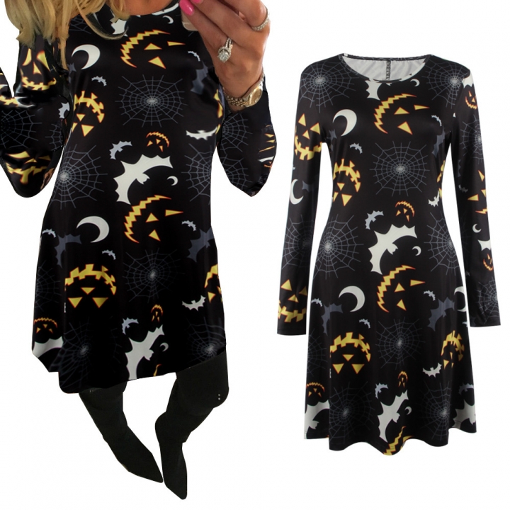 Western Style Ms Halloween Christmas Black And White Ash Bat Moonlight printing Long Sleeves Dress