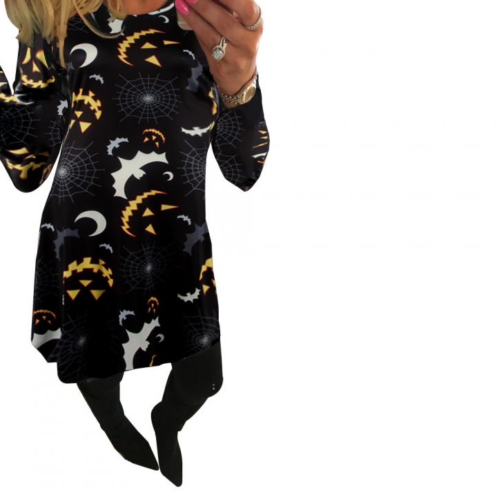 Western Style Ms Halloween Christmas Black And White Ash Bat Moonlight printing Long Sleeves Dress