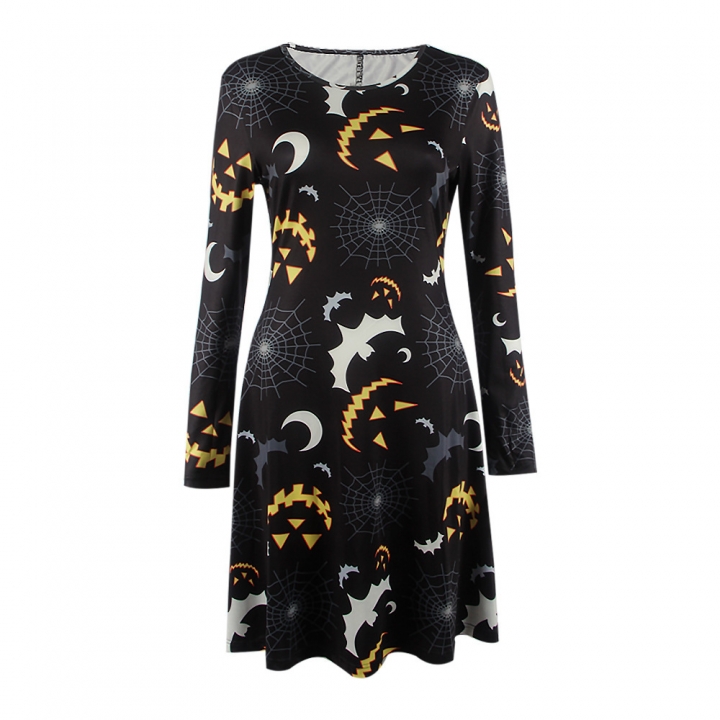 Western Style Ms Halloween Christmas Black And White Ash Bat Moonlight printing Long Sleeves Dress