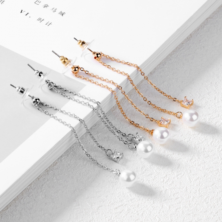 Ms Fashion Diamond Side Pearl tassel Earring Platinum Prevent Allergy Earring Accessories