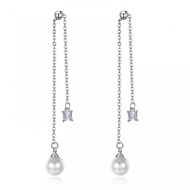 Ms Fashion Diamond Side Pearl tassel Earring Platinum Prevent Allergy Earring Accessories