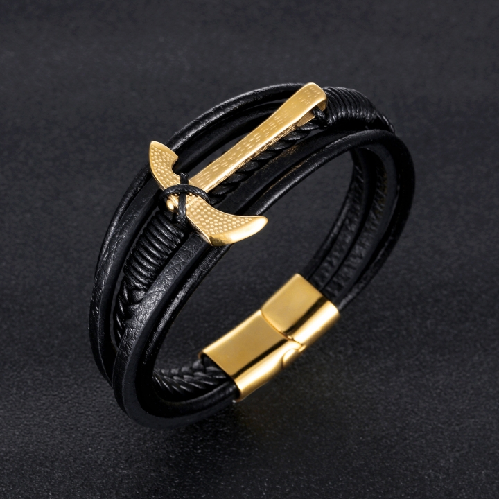Men Retro Manual Weaving Ax Bracelets Titanium Steel Multi-layer Leather Bracelet