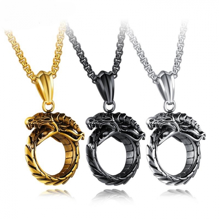 Western Style Zodiac Live Dragon Pendant Titanium Steel Biting tail Dragon Eternal Circle Necklace