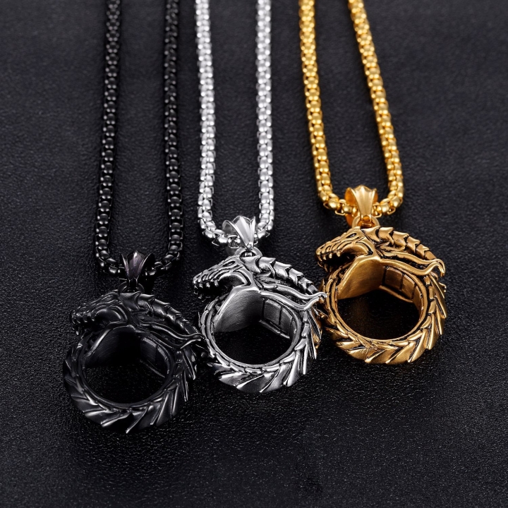 Western Style Zodiac Live Dragon Pendant Titanium Steel Biting tail Dragon Eternal Circle Necklace