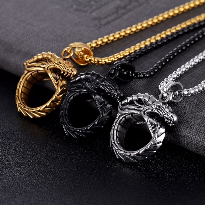 Western Style Zodiac Live Dragon Pendant Titanium Steel Biting tail Dragon Eternal Circle Necklace