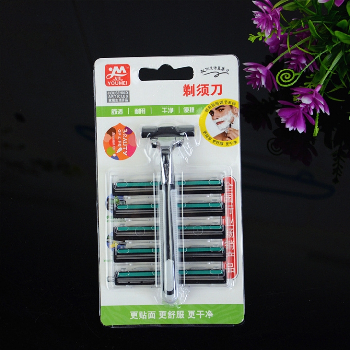 Men Manually Razor Blade Double Layer Razor 1 tool holder 10 Heads Set