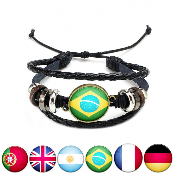 Western Style Manual Beaded World Cup National Flag Leather Rope Bracelets fan Souvenir