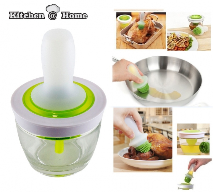 BBQ Silicone Brush Oil Bottle Tool Set Olive Vinegar,Salad Dispenser Pastry Brush with Glass Bowl