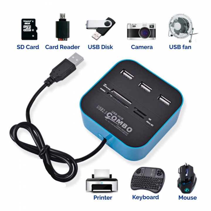 USB Hub 2.0 3 Ports + TF SD Card Reader Slot High Speed USB Combo Splitter for Laptop Desktop Use