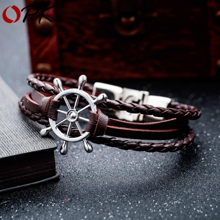 Western style fashion black personality Rudder Weaving leather Bracelet wristband