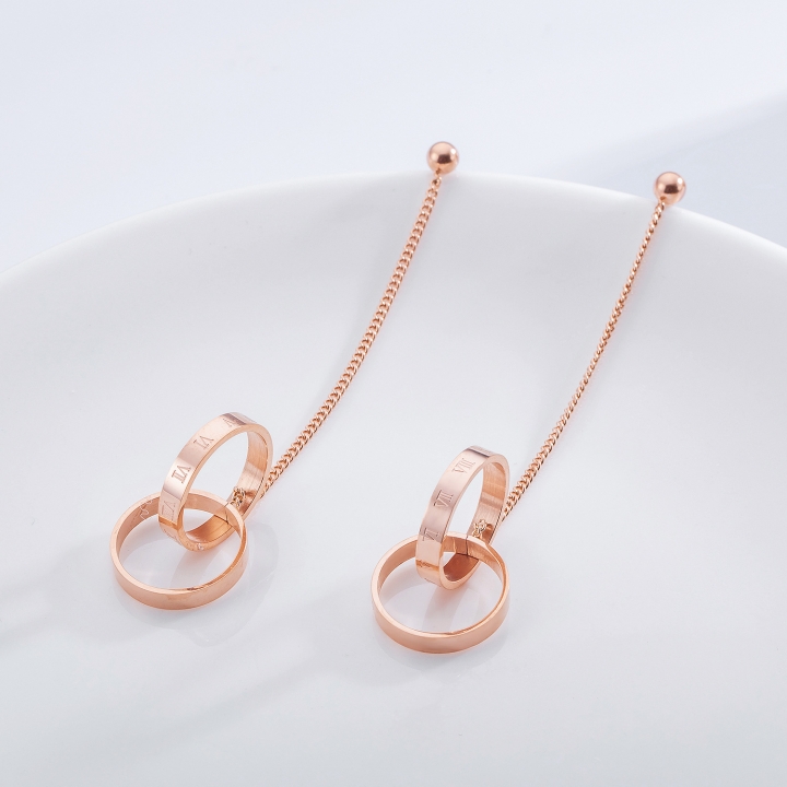 Fashion geometry Double ring Circle tassel earring Titanium steel Rose gold plated earring