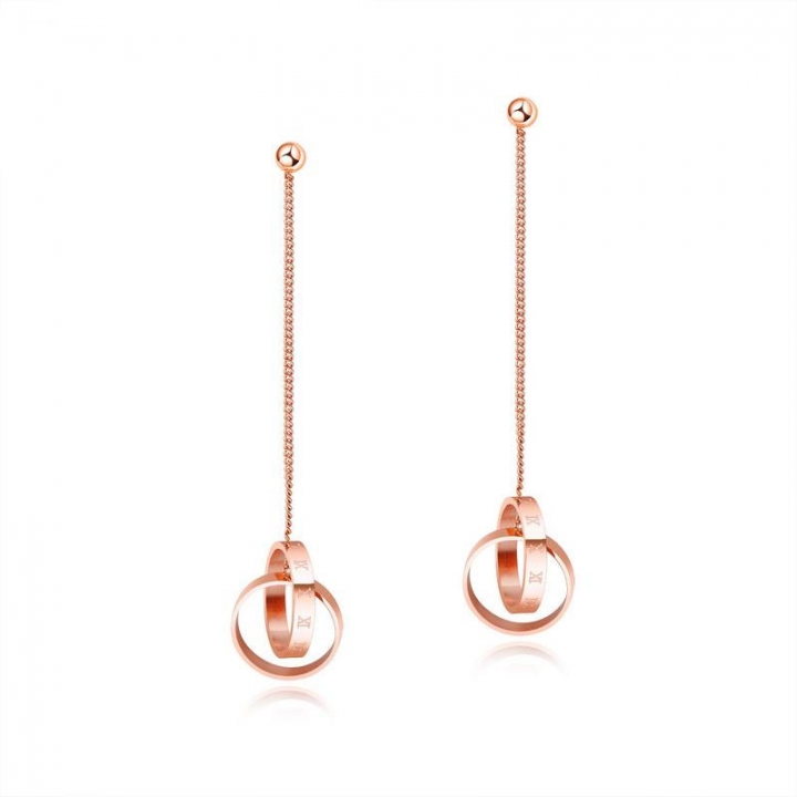 Fashion geometry Double ring Circle tassel earring Titanium steel Rose gold plated earring