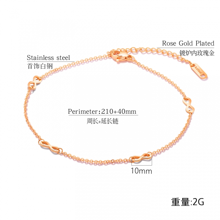 Western style popular Bracelet endless 8 words Titanium steel Rose gold Lottery Anklet