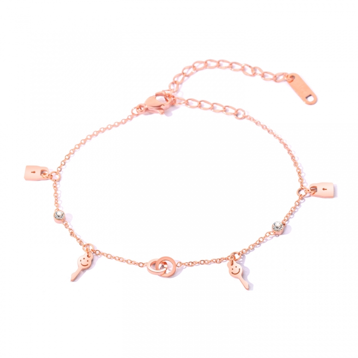 Simple Double ring Circle Bracelet Titanium steel Rose gold plated key Smiley face Diamond jewelry