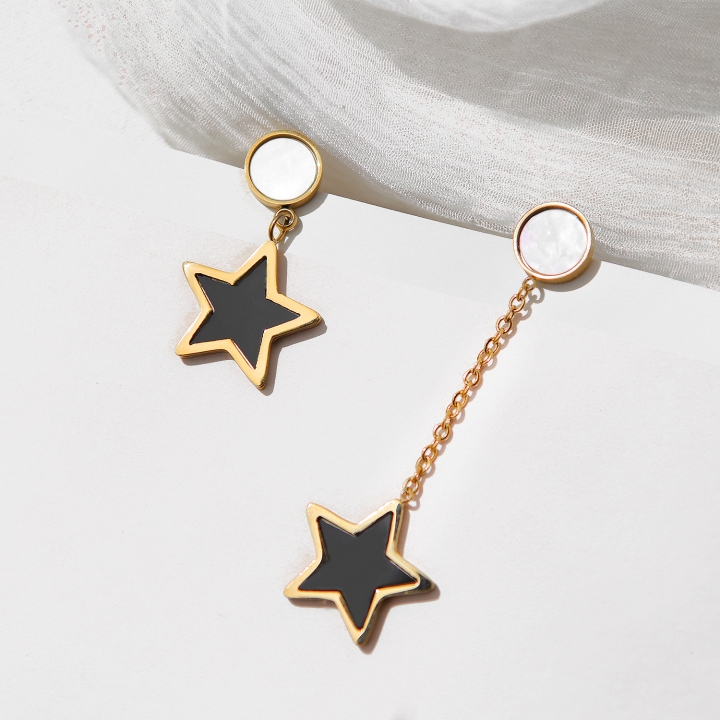 Geometric shape Asymmetry temperament Pentagram earring personality Black star White mother earring
