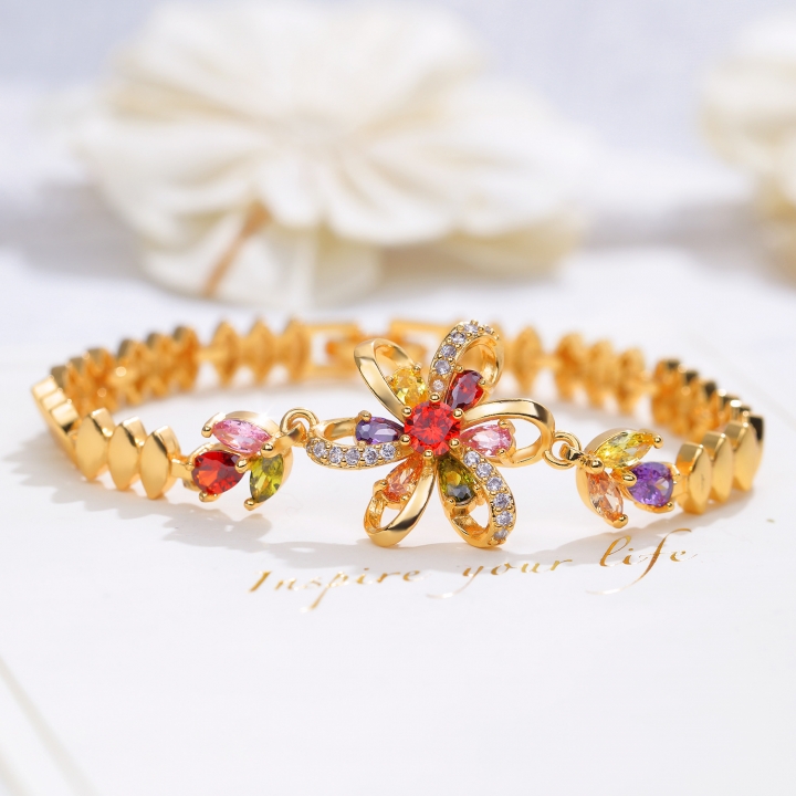 Personality Beautiful Flower Zircon Bracelet Imitation gold Colorful diamond Girlfriend Sister chain