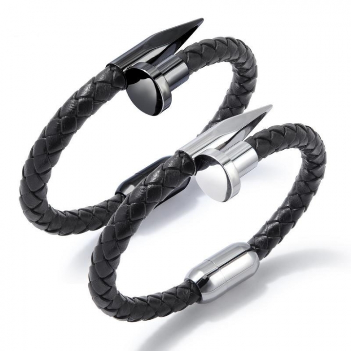 Men personality Titanium steel nail Bracelet Magnetic buckle Weaving Leather rope