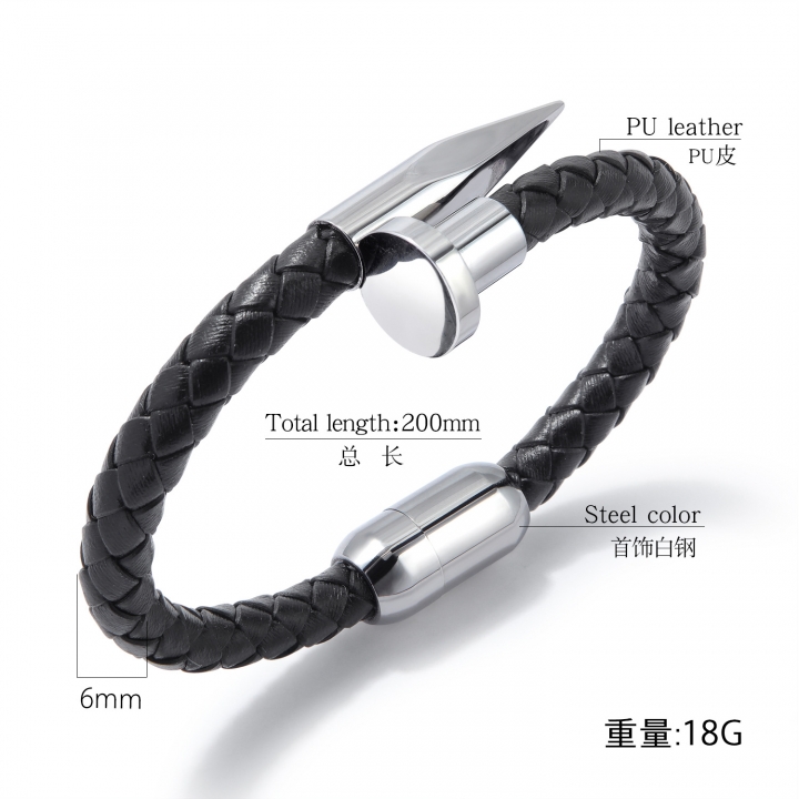 Men personality Titanium steel nail Bracelet Magnetic buckle Weaving Leather rope