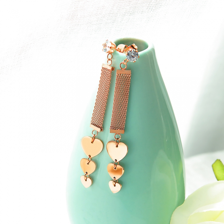Simple Titanium steel Long section Pendant tassel earring Rose gold Love Diamond Stud earring