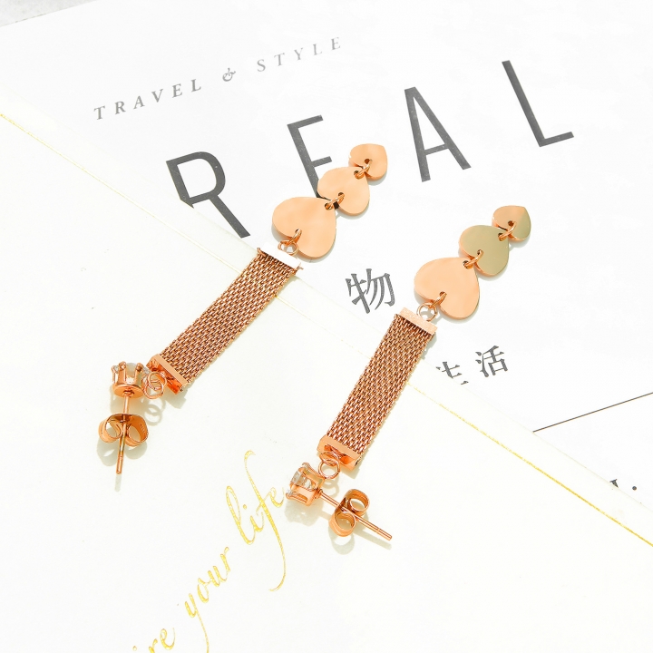 Simple Titanium steel Long section Pendant tassel earring Rose gold Love Diamond Stud earring