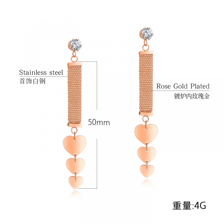 Simple Titanium steel Long section Pendant tassel earring Rose gold Love Diamond Stud earring
