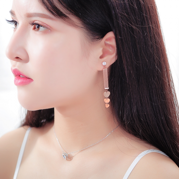 Simple Titanium steel Long section Pendant tassel earring Rose gold Love Diamond Stud earring