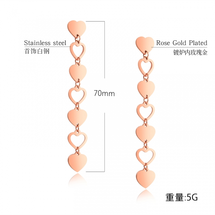 Temperament Long section Wild earring personality Rose gold Heart-shaped Titanium steel earring