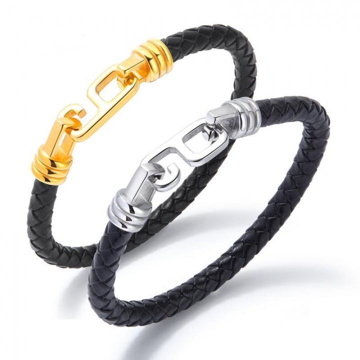 Western style Men 6 word buckle personality trend stainless steel Leather bracelet